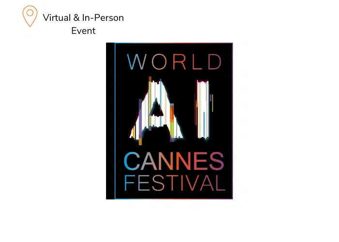 Logo for the World AI Cannes Festival. Text reads World AI Cannes Festival in a colorful, glitchy style on a black background. A location pin icon with Virtual & In-Person Event is at the top left.