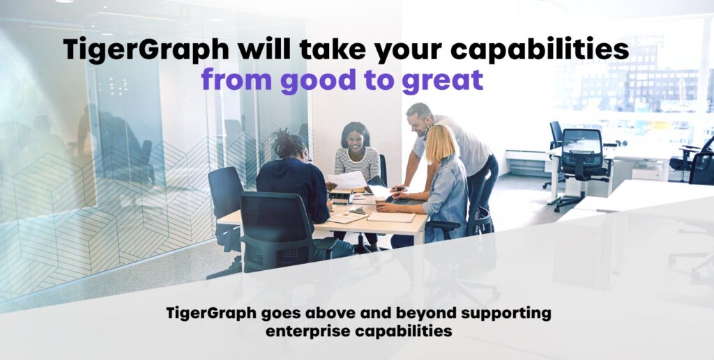 A group of four diverse individuals engage in discussion around a conference table in a modern office, highlighting how TigerGraphs graph technology elevates your capabilities from good to great, going above and beyond in supporting enterprise capabilities.