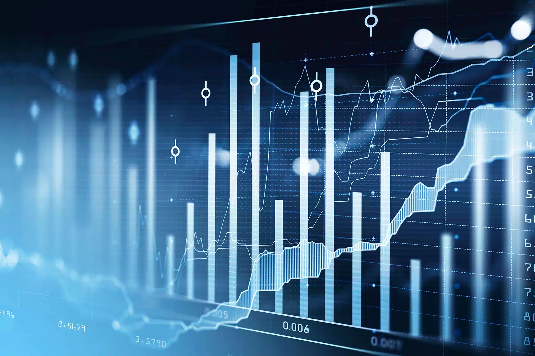 A digital image of a futuristic data visualization with bar graphs and line charts illustrates graph-as-a-service capabilities. The scene showcases various data points and glowing elements, set against a dark blue background, conveying advanced technology and analysis.