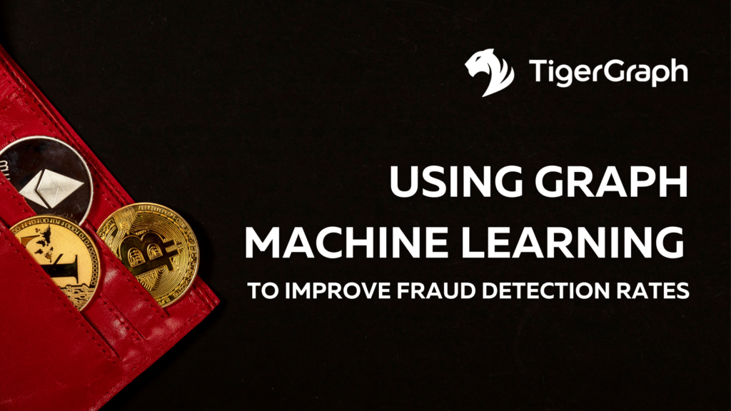 A red wallet partially open reveals two cryptocurrency coins featuring an envelope icon. Beside it, the text reads: Using Graph Technology and Machine Learning to Improve Fraud Detection Rates, with the TigerGraph logo above.