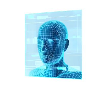 Digital 3D wireframe model of a human head, rendered in blue tones, against a gradient background with subtle geometric patterns.