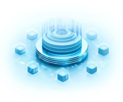 Futuristic digital network illustration featuring a central, circular, layered structure emitting a blue glow, surrounded by smaller cubes, all interconnected by lines on a grid-like background.