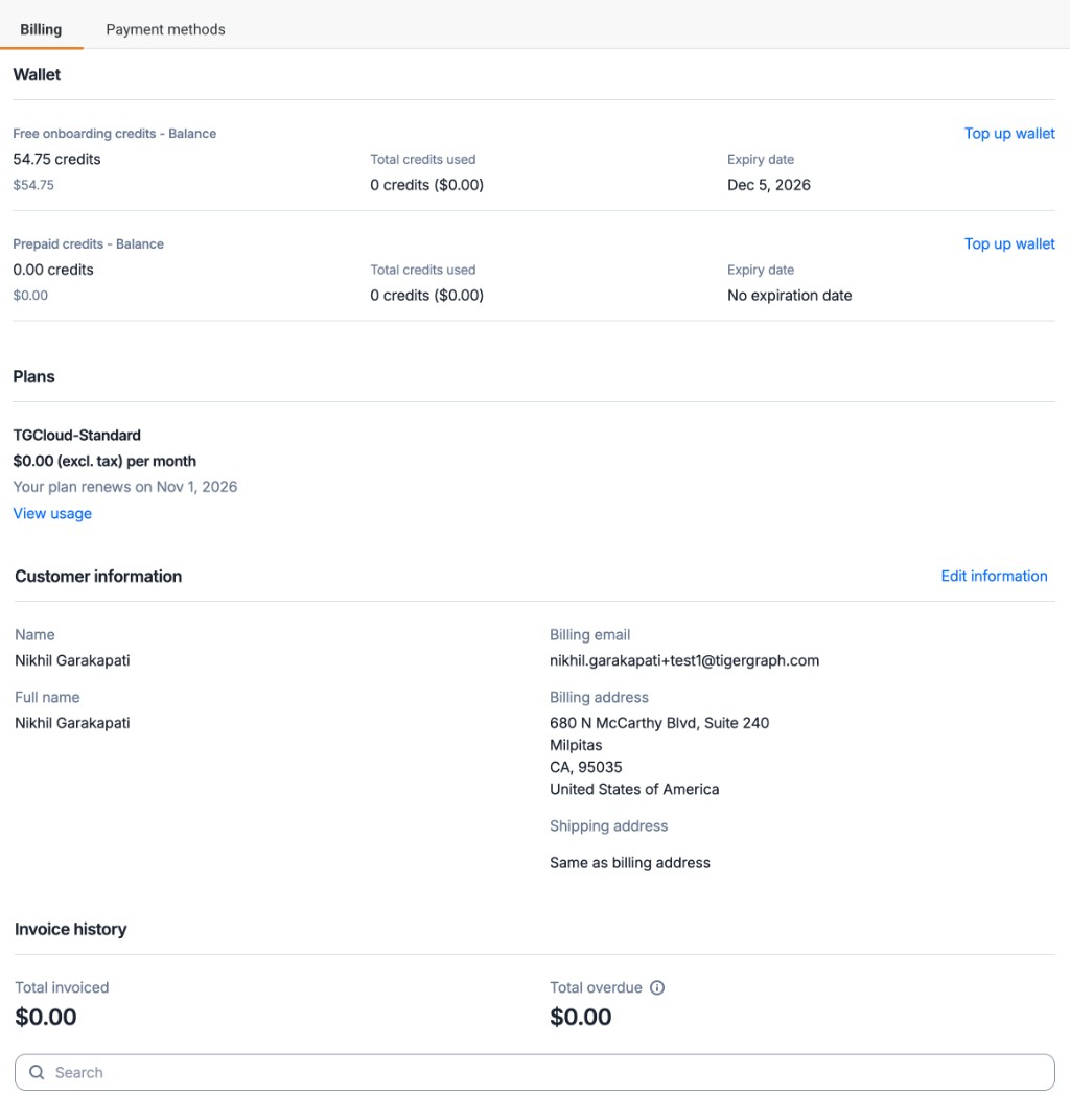 Billing page with wallet