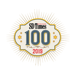 Logo with SD Times 100 in large letters and 2019 below it. The design is bordered by a decorative outline with star accents and rays extending outwards, giving a sunburst effect.