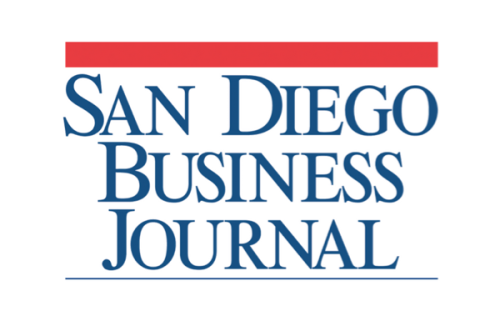 Logo of the San Diego Business Journal, featuring the publications name in blue, serif font. A red horizontal line is above the text.