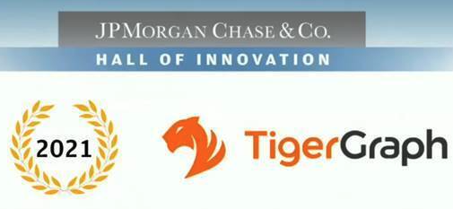 JP Morgan Chase & Co. Hall of Innovation 2021 banner featuring a laurel wreath symbol next to the TigerGraph logo with an orange tiger head icon.