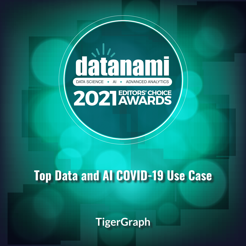 Datanami Editors Choice Awards 2021 logo on a green, abstract bokeh background. Text reads: Top Data and AI COVID-19 Use Case. The word TigerGraph is at the bottom.
