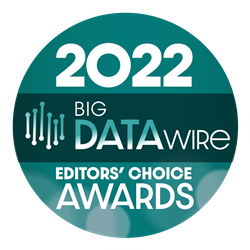 Circular badge with the text 2022 Big Data Wire Editors Choice Awards in white against a teal background. Digit-like lines and circles appear on the left, suggesting a technology theme.