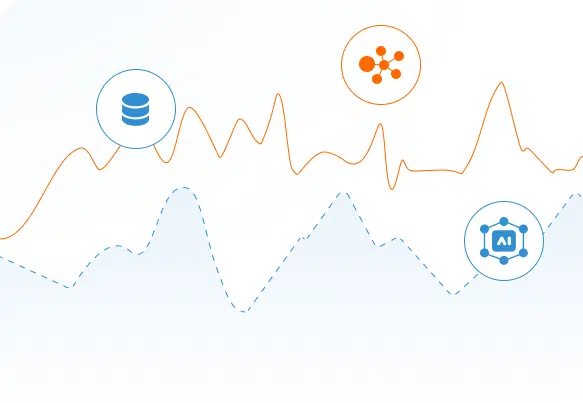 A graphic showing two line graphs: an orange line with upward peaks and a blue dashed line with lower peaks. Icons above include a database symbol, network nodes, and an AI chip, representing data and technology concepts.