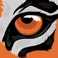 Illustration of a tigers eye, strikingly detailed with orange, black, and white fur patterns surrounding a vivid orange iris. The background is a solid orange, enhancing the eyes intense and captivating gaze.