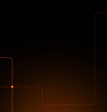A black background with a subtle gradient transitioning to a warm orange at the bottom. Thin orange dashed lines enter from the left and bottom, intersecting in the lower left, with a small circle marking the intersection.