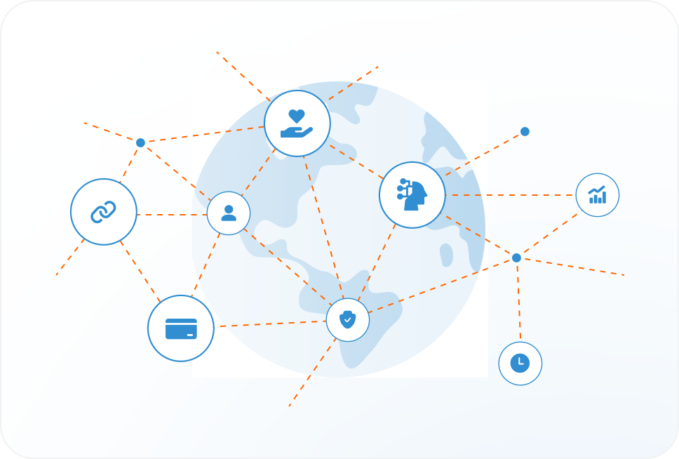 A blue and white illustration of the globe with various connected icons, including a user profile, heart in hand, brain, chart, clock, credit card, shield, and chain link, representing interconnected digital services.
