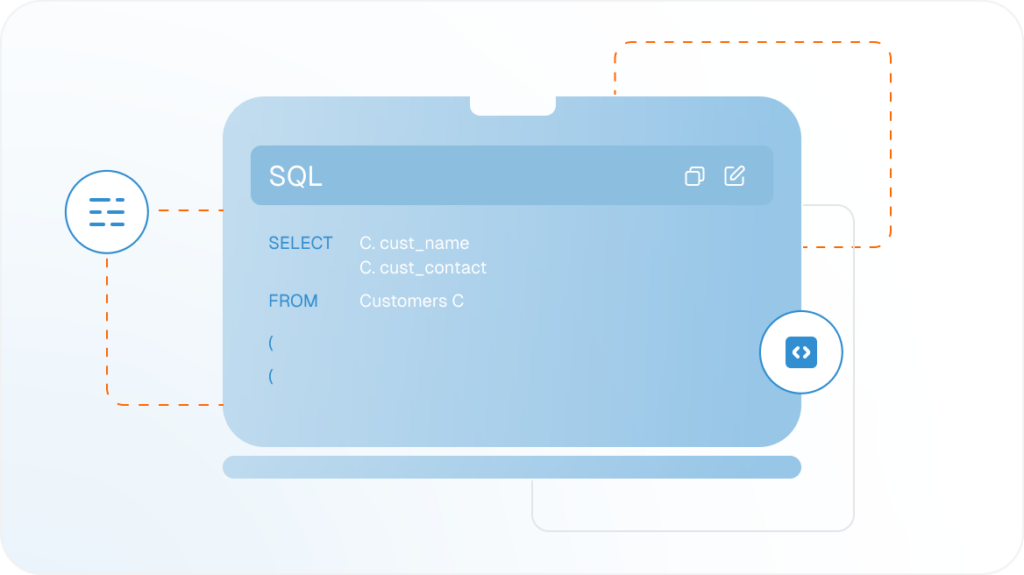 Illustration of a laptop displaying an SQL query: SELECT C.cust_name, C.cust_contact FROM Customers C. Surrounding icons indicate data processing steps. The background features connecting lines and a light blue gradient.