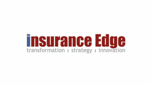 The image displays the insurance Edge logo in blue and red text, with the words transformation | strategy | innovation in gray below. The background is white.