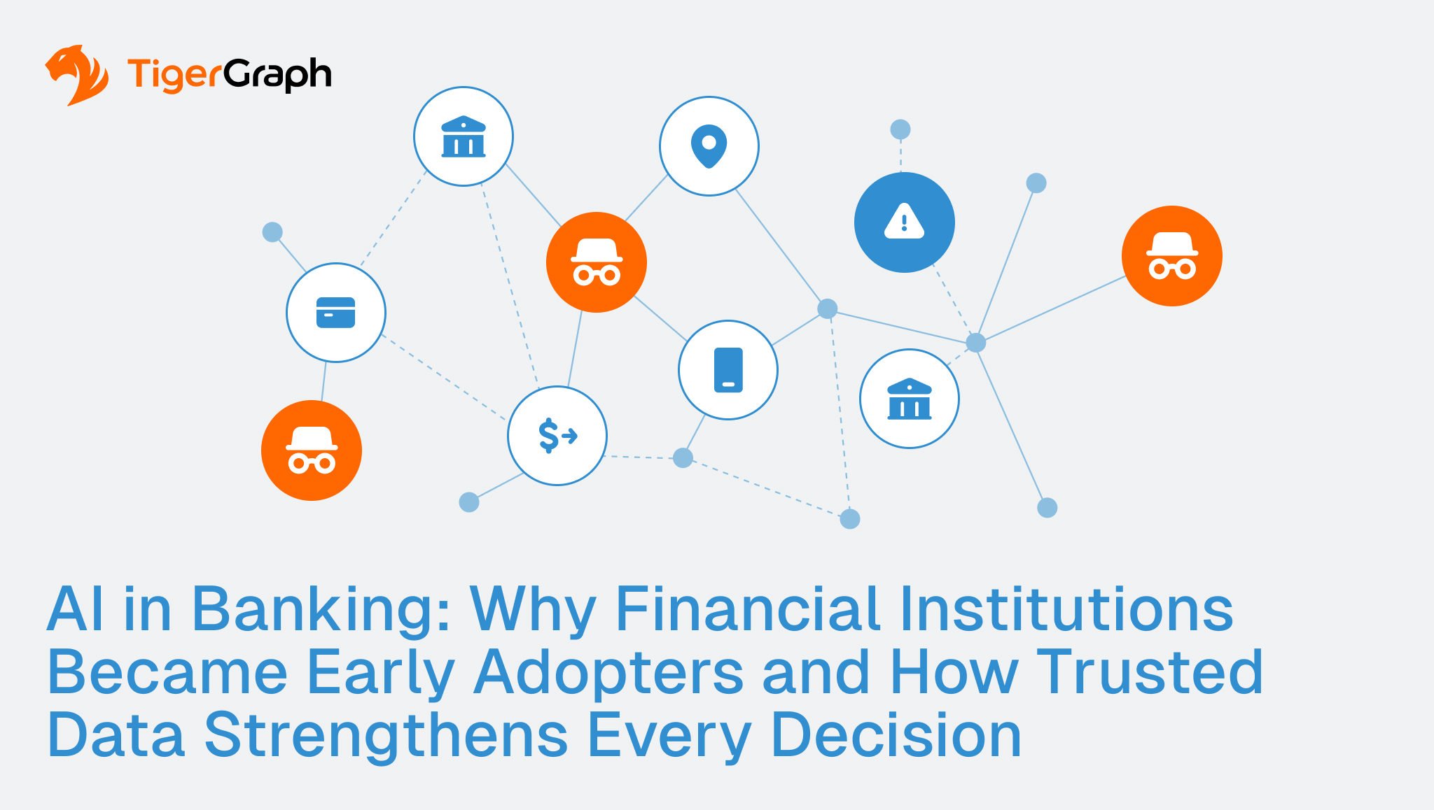 A network diagram with banking and AI icons, some with orange masks, illustrates connections. The TigerGraph logo is in the top left. Blue text reads: AI in Banking: Why Financial Institutions Became Early Adopters and How Trusted Data Strengthens Every Decision.